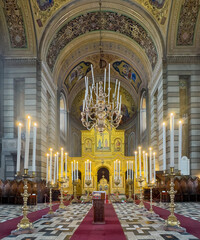 Trieste, Italy - June 27, 2024: Serbian Orthodox Church of Saint Spyridon. Center of the holy space...