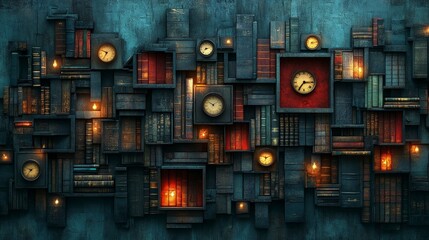 A modern illustration for lifelong learning, with palette of dark teal, sand, and maroon. Layered books, pathways, and clock icons to convey continuous learning, with textured shadows that evoke depth