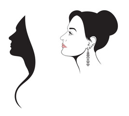 Vector set of outline and silhouette female woman's face profile, isolated, illustration on white background.