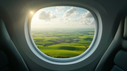 Fototapeta premium Flying Above Rolling Green Hills, View From An Airplane Window On Beautiful Landscape And Horizon