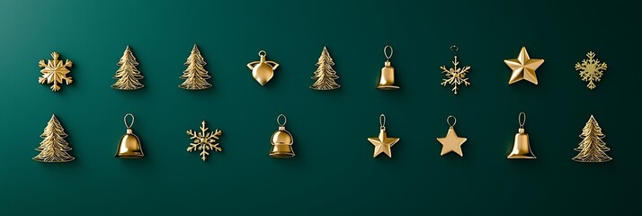 Christmas banner with a grid of small, modern icons like Christmas trees, stars, and bells in a glossy gold finish, set against a deep emerald green background for a luxurious and festive look