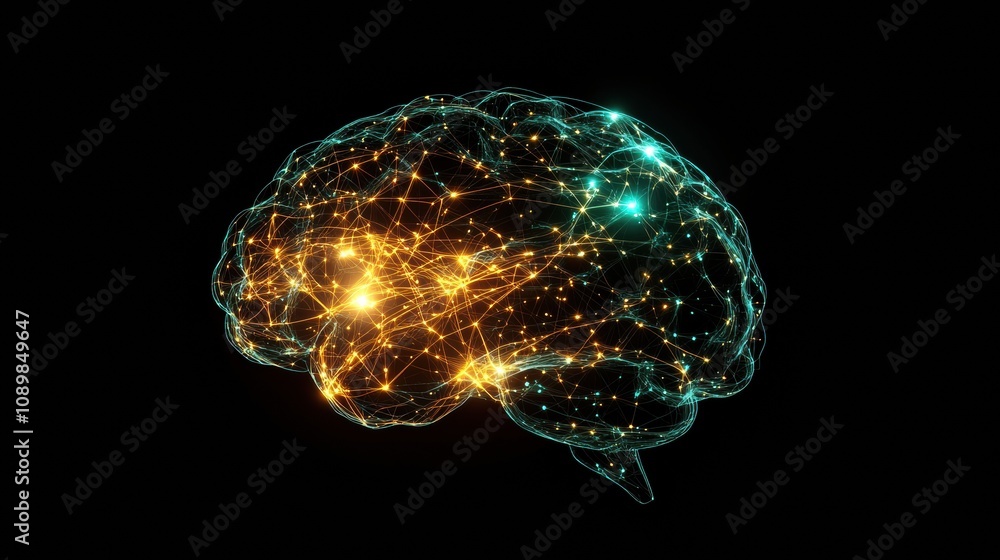 Aufkleber this digital representation showcases a brain with intricate networks glowing in bright colors, symb