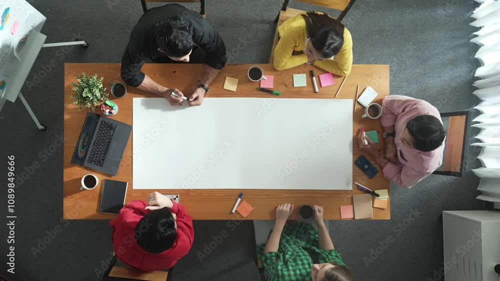 Aufkleber top down aerial view of diverse business team designing and planning project while skilled manager w