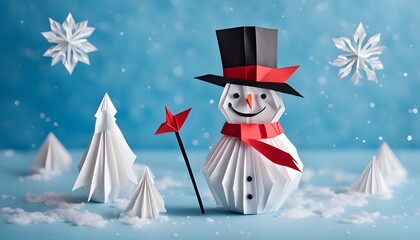 Christmas crafts origami snowman from paper on a background of bokeh, do it yourself