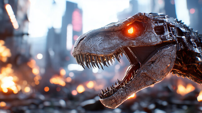 Tyrannosaurus robot in a destroyed cyberpunk city, AI
