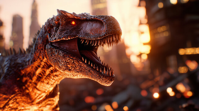 Tyrannosaurus robot in a destroyed cyberpunk city, AI - Powered by Adobe
