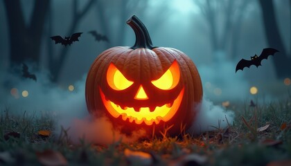 Obraz premium A spooky pumpkin with glowing eyes surrounded by fog, bats flying in the distance.