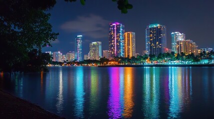 Obraz premium Nighttime Cityscape Reflecting In Calm Water