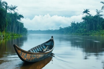 Tranquil River Landscape with a Wooden Boat Amidst Lush Tropical Vegetation