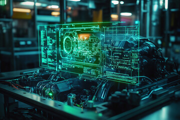 Fototapeta premium A neon green holographic engine diagnostic display floating above a hypercar motor, precise technical readouts.