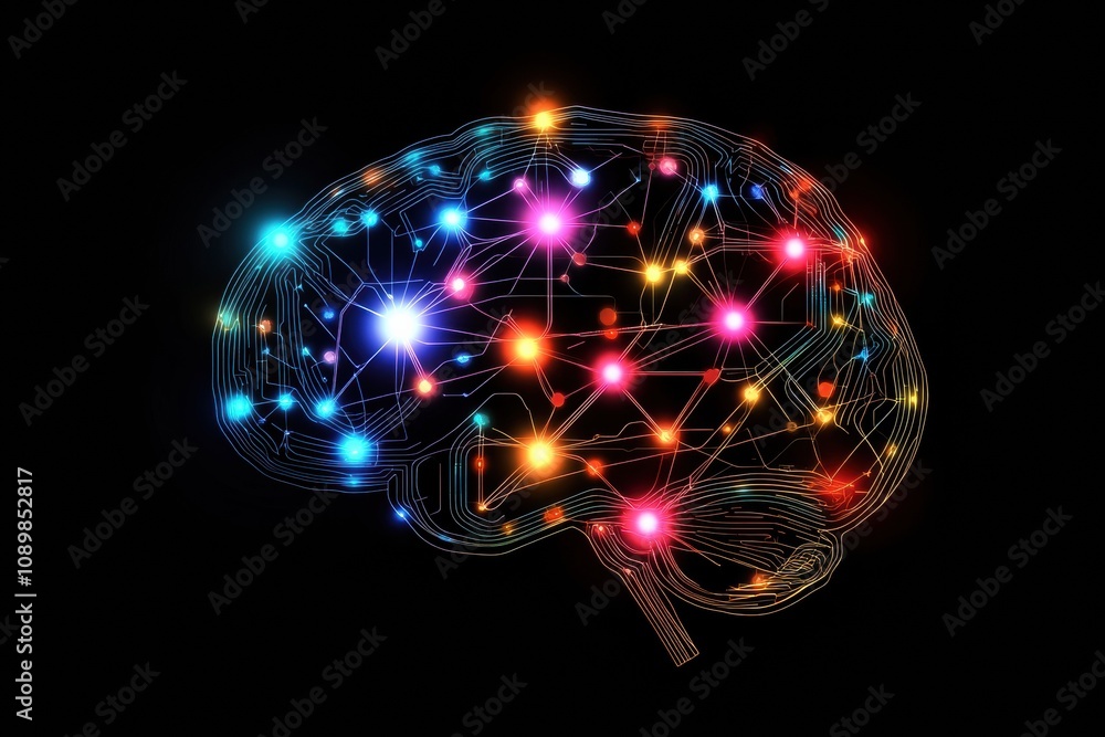 Poster An abstract representation of a brain characterized by vibrant lights and complex neural connections set against a dark background. Generative AI