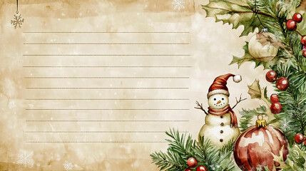 Watercolor Christmas letter paper with a vintage, cute, and creepy theme, featuring lined writing space on the left side.