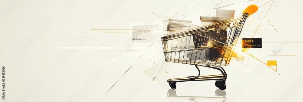 Poster abstract representation of a shopping cart composed of geometric shapes and dynamic lines, showcasin