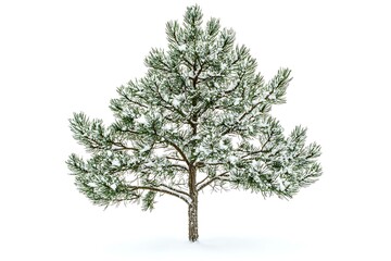 Green pine tree with snow on a soft-focus white background