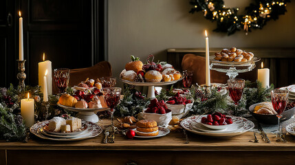 A beautifully set festive table with traditional treats and sweets for St. Nicholas Day, decorated with winter-themed decorations and candles.