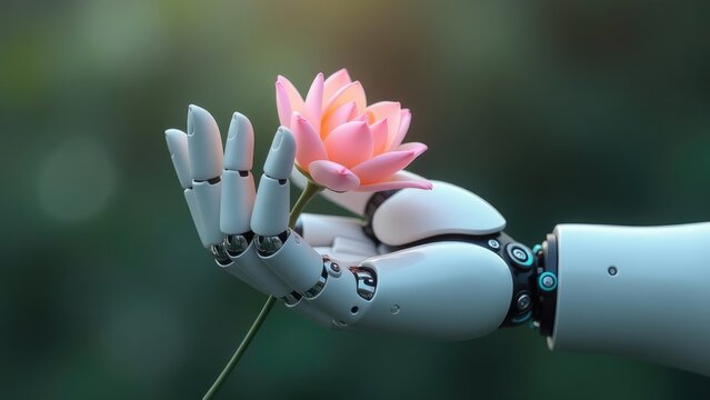 A robotic hand gently holds a delicate pink lotus flower, creating a visually striking contrast between technology and nature. Concept of artificial intelligence and the beauty of nature.
 - Powered by Adobe