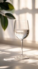 Fototapeta premium Glass of Water on a Sunny Windowsill Minimalist Still Life with Refreshing Drink and Plant.