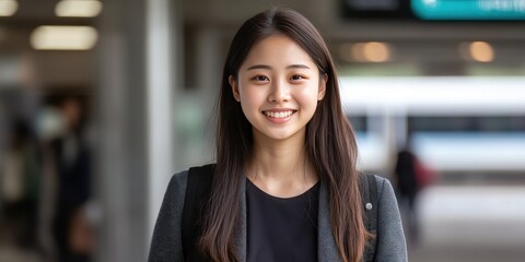 Professional headshot photo of a 25 year old Asian female traveler against train station entrance background