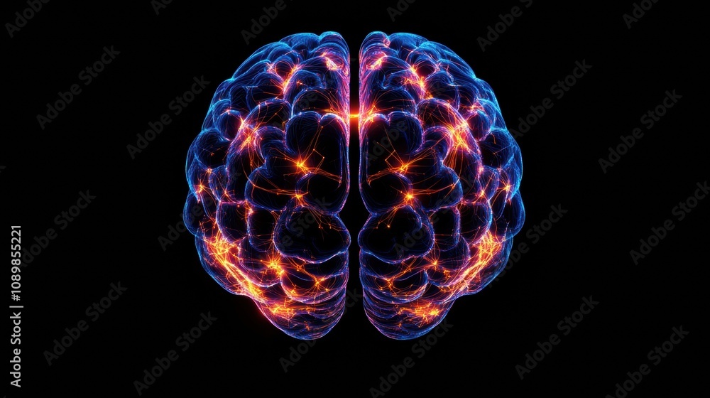 Aufkleber This abstract visual illustrates a digital brain with dynamic neural connections glowing in vivid colors against a dark background. Generative AI