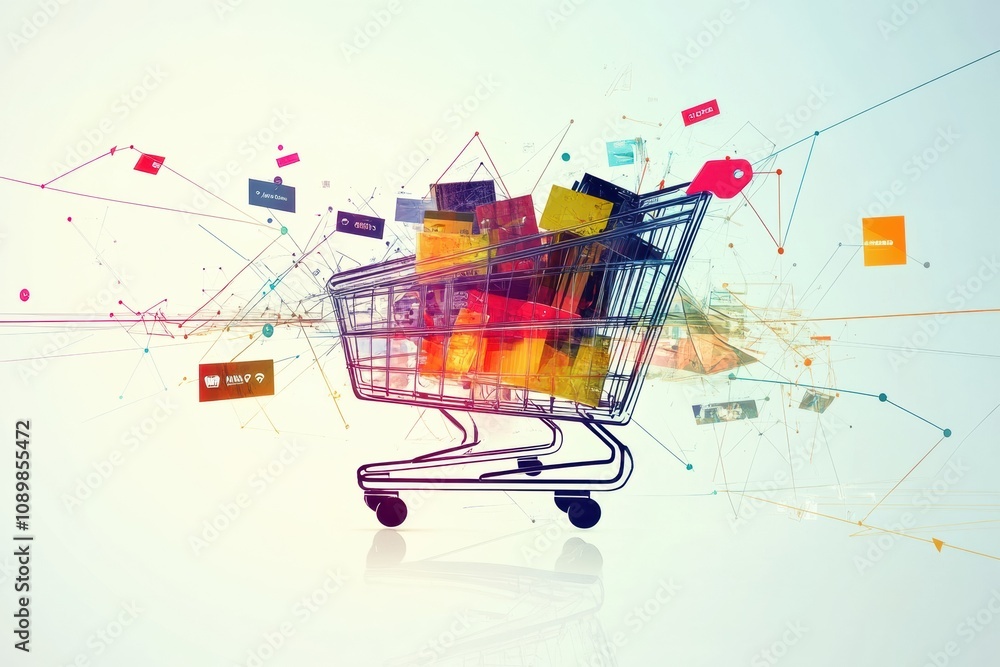 Aufkleber Geometric shapes and flowing lines create an abstract representation of a shopping cart, filled with vibrant colors and digital elements. Generative AI