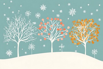 Simple winter scene with snowflakes and light trees on a plain background