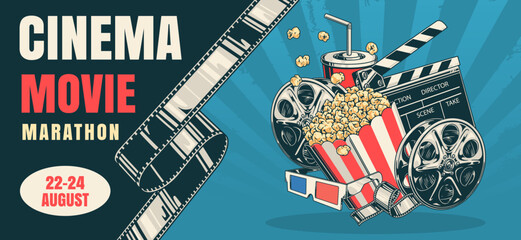 Popcorn and film reels movie marathon poster