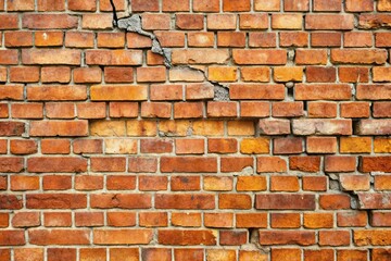 Fototapeta premium Brick wall with visible cracks and chips in the surface, showing a worn and weathered appearance, exterior finish, aged stone, weathered concrete