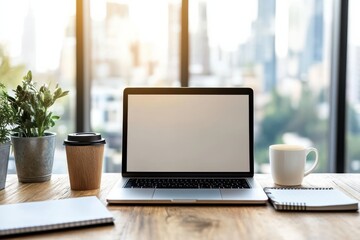 Fototapeta premium Wooden Desk Setup with Laptop and Cityscape View
