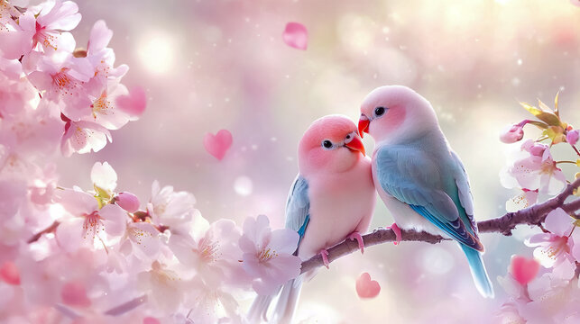 A pair of lovebirds perched together on a branch, surrounded by delicate cherry blossom petals.