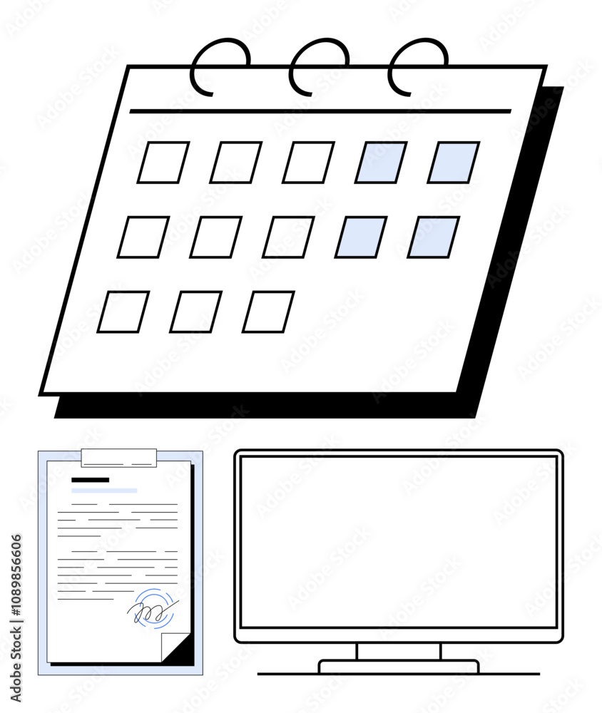 Poster planner with selected dates, a signed document on a clipboard, and a blank desktop monitor. ideal fo