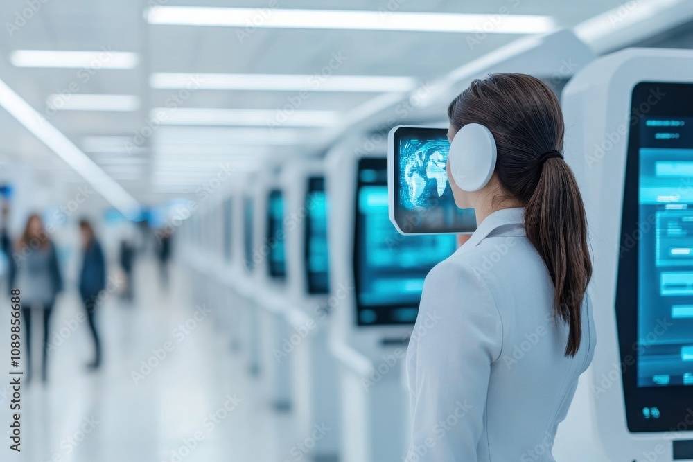 Poster a woman interacts with advanced technology at a modern digital terminal, showcasing the evolution of