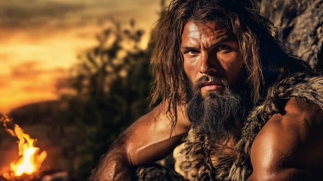 A prehistoric  long haired man, clad in furs, sits by a small fire during a vibrant sunset, looking at camera