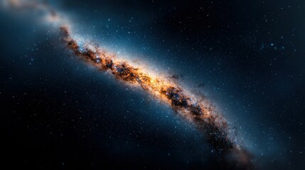   An image depicts a spiral galaxy at the center of a nighttime sky, surrounded by stars and emitting an intense orange light