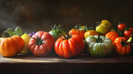 a selection of colorful heirloom tomatoes with their varied shapes and hues, lit to emphasize their rich colors and textures,  rustic wooden farm table background