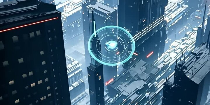 Artificial intelligence controlling a city of tomorrow, data flowing through transparent buildings, 4K Video