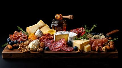 Charcuterie Board Against Black Background With Assorted Cheeses, Cured Meats, Fresh Fruits, Nuts, And Honey On Rustic Wood. Charcuterie Board With Cheese And Cured Meats