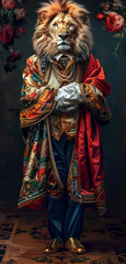 Fototapeta premium Realistic photo of an anthropomorphic lion dressed in colorful fancy clothing in the style of a fashion magazine cover, old money aesthetic. AI generated illustration.