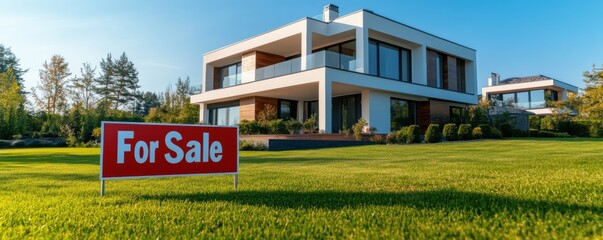 Modern two-story house with large glass windows and wooden accents surrounded by a green lawn with a For Sale sign in the foreground.