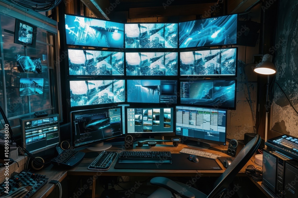Poster Home workstation with multiple monitors and advanced technology setup for productivity and creativity in a cozy environment