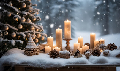 Marble table decorated with winter accessories and candles.