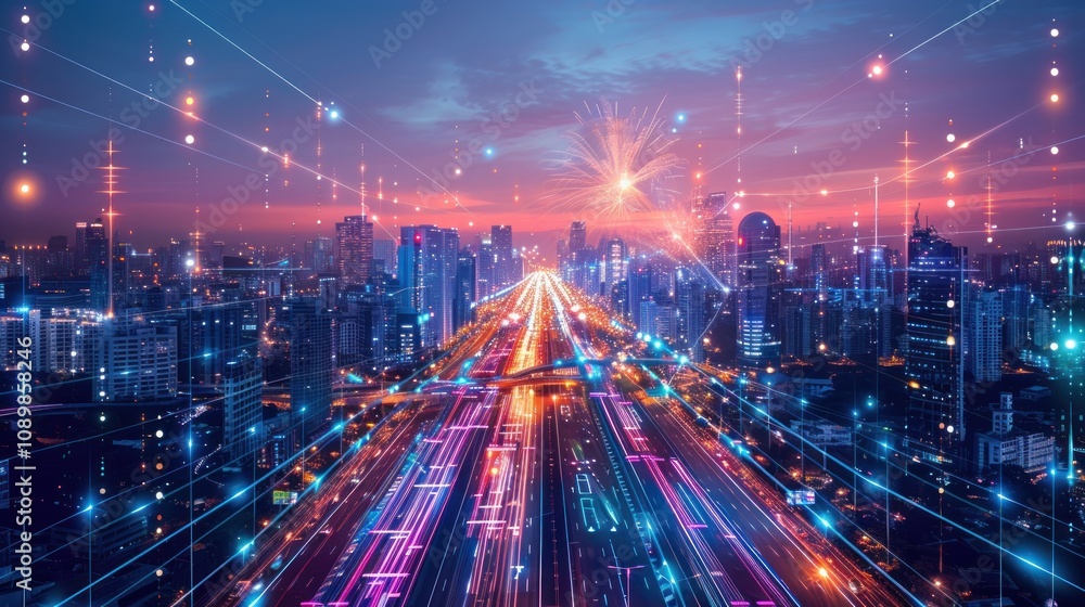 Aufkleber a futuristic city skyline with glowing lights and lines representing connection and progress.