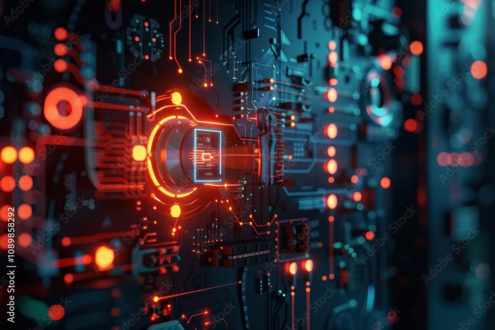 Poster complex circuitry and neon glowing elements create a futuristic atmosphere in a digital environment 
