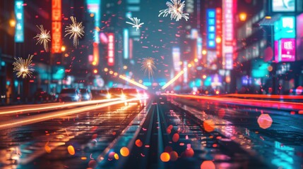 Obraz premium A blurred city street at night with fireworks exploding in the sky.