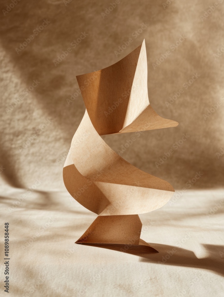 Fototapete curved sculpture made of paper and cardboard showcases unique shapes, casting interesting shadows on