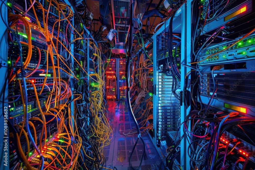 Poster complex network of servers and cables lit by vibrant lights in a data center showcasing modern techn