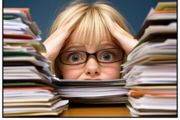 Stressed caucasian young girl overwhelmed with homework and papers