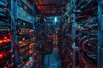 Complex network of servers and cables lit by vibrant lights in a data center showcasing modern technology