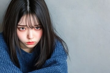 Naklejka premium Young asian female with long hair and blue sweater looking serious against gray background