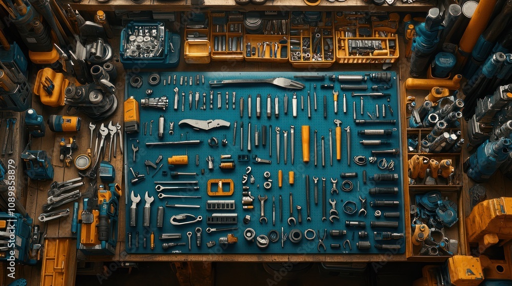 Poster overhead view of various tools and hardware neatly organized on a workbench.