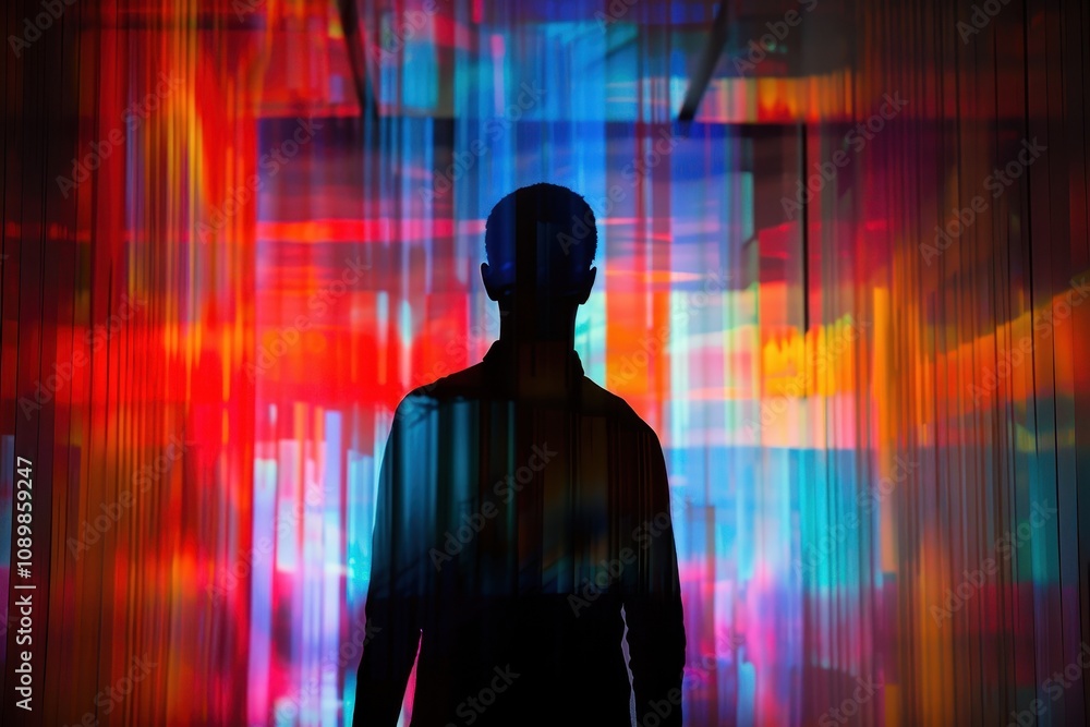 Aufkleber Person stands in front of colorful digital screen creating a vibrant contrast with their silhouette in a dark urban setting